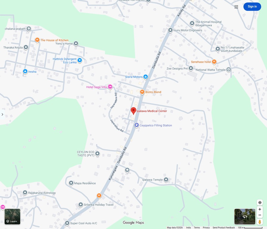 Google Maps view showing Ipalawa Medical Center on Dambulla Road, Ipalawa, Ibbagamuwa